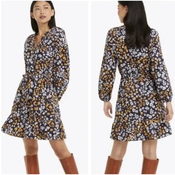 Draper James Lucinda Fall Field Floral Drawstring Waist Popover Dress Sz L Navy - Picture 3 of 8